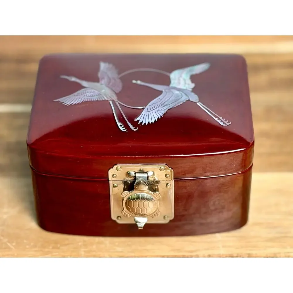 Vintage Lacquer Jewelry Box: Cranes, Turtle Clasp, Red Velvet Lined Asian Decor